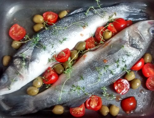 Roasted Branzino (Sea Bass) with Cherry Tomatoes and Olives