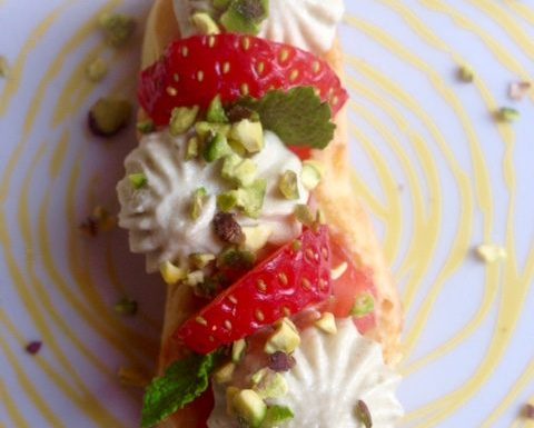 Strawberry Pistachio Cream Filled Eclairs
